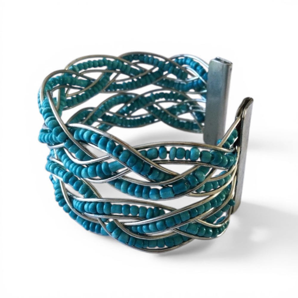 Braided Seed Bead Cuff Bracelet- Teal & Silver - Picture 6 of 12